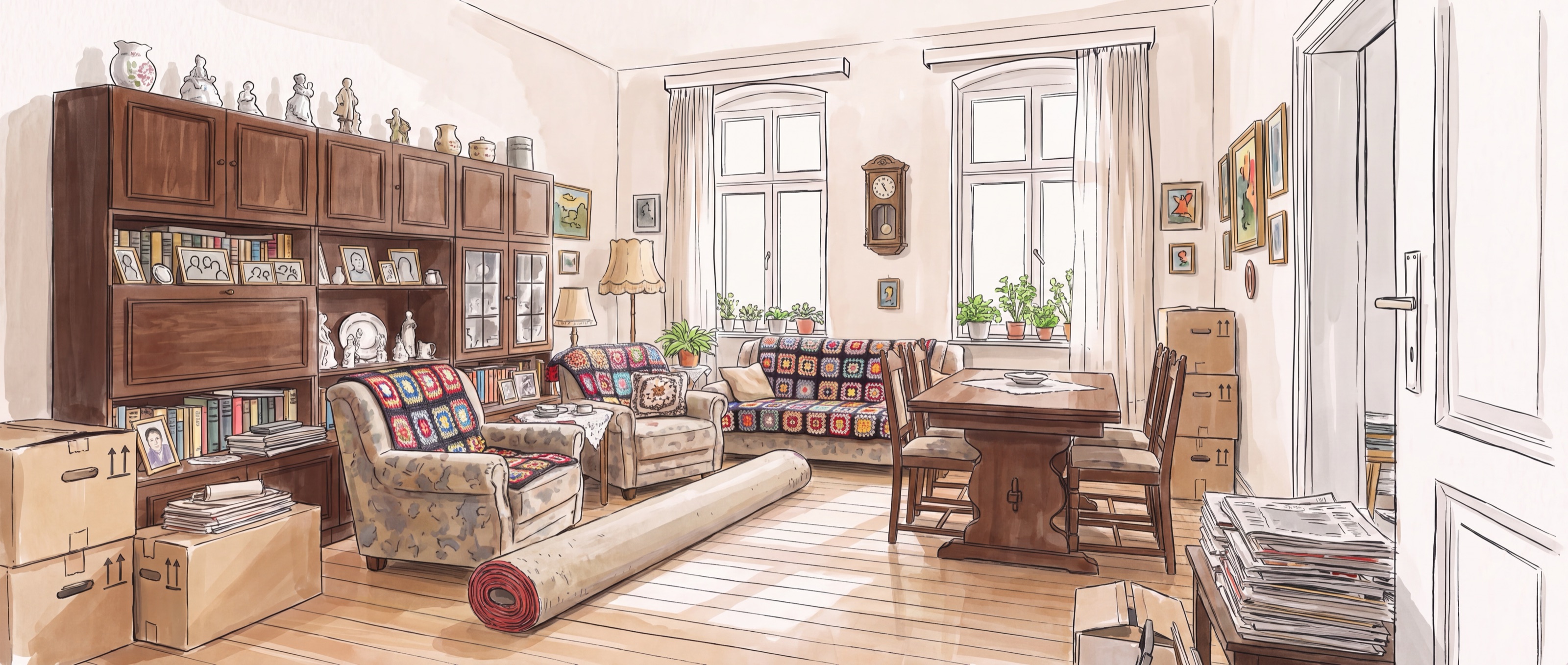Illustration: eingerichtetes Wohnzimmer mit Schrankwand, Sesseln, Esstisch und Umzugskartons